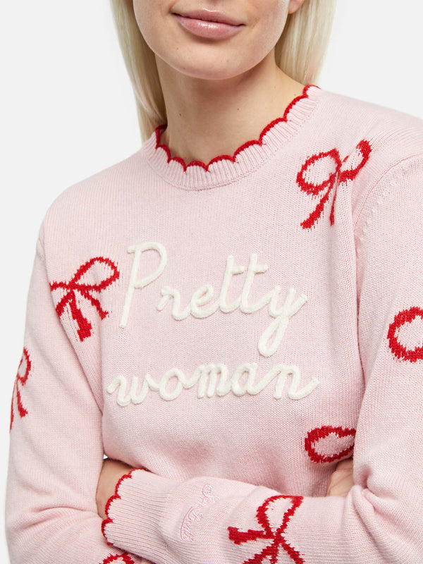 Maglione rosa da donna New Queen con ricamo Pretty Woman e stampa nastri