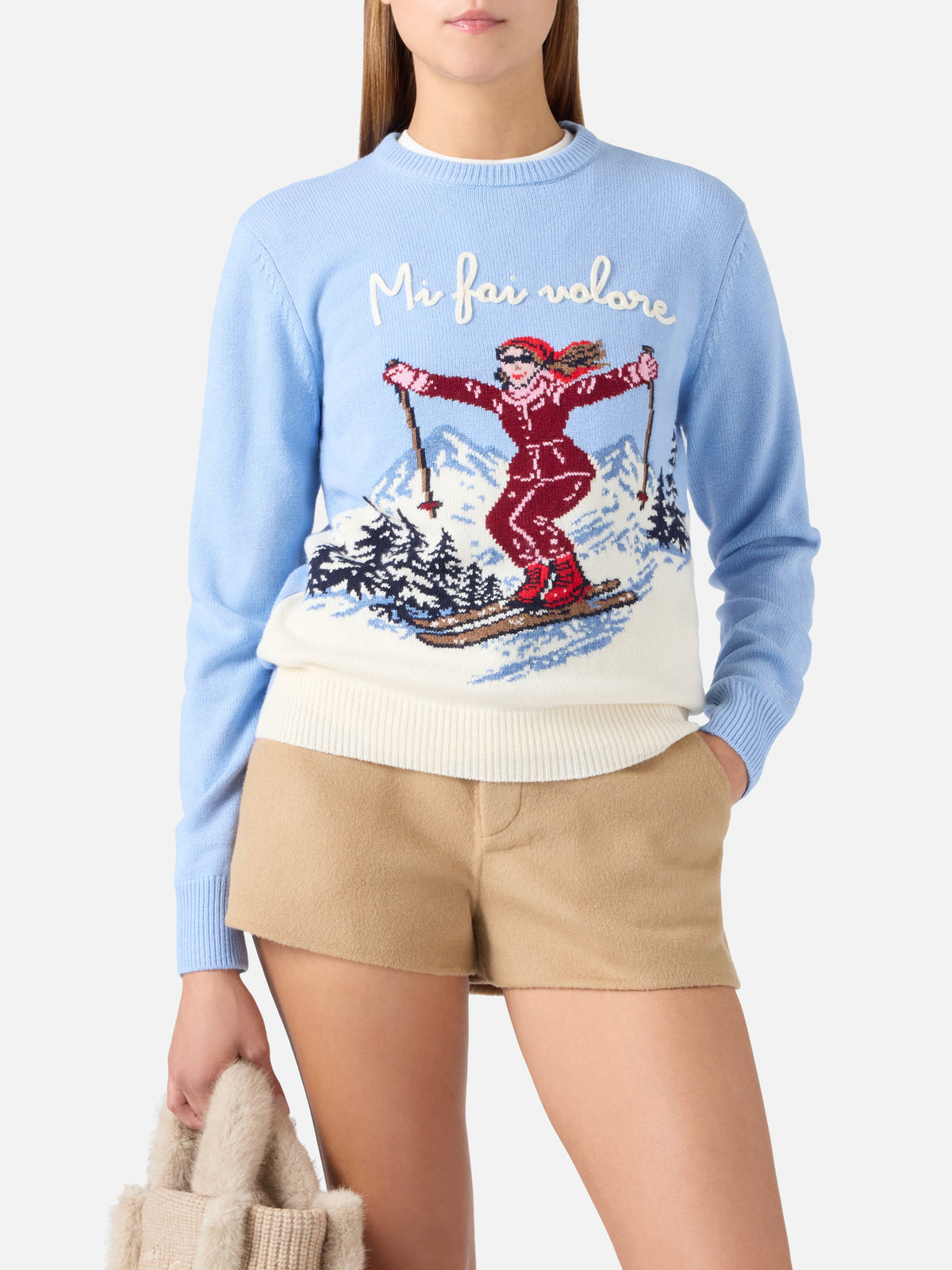 Leichter blue New Queen Rundhals-Strickpullover mit Mi Fai Volare-Stickerei 