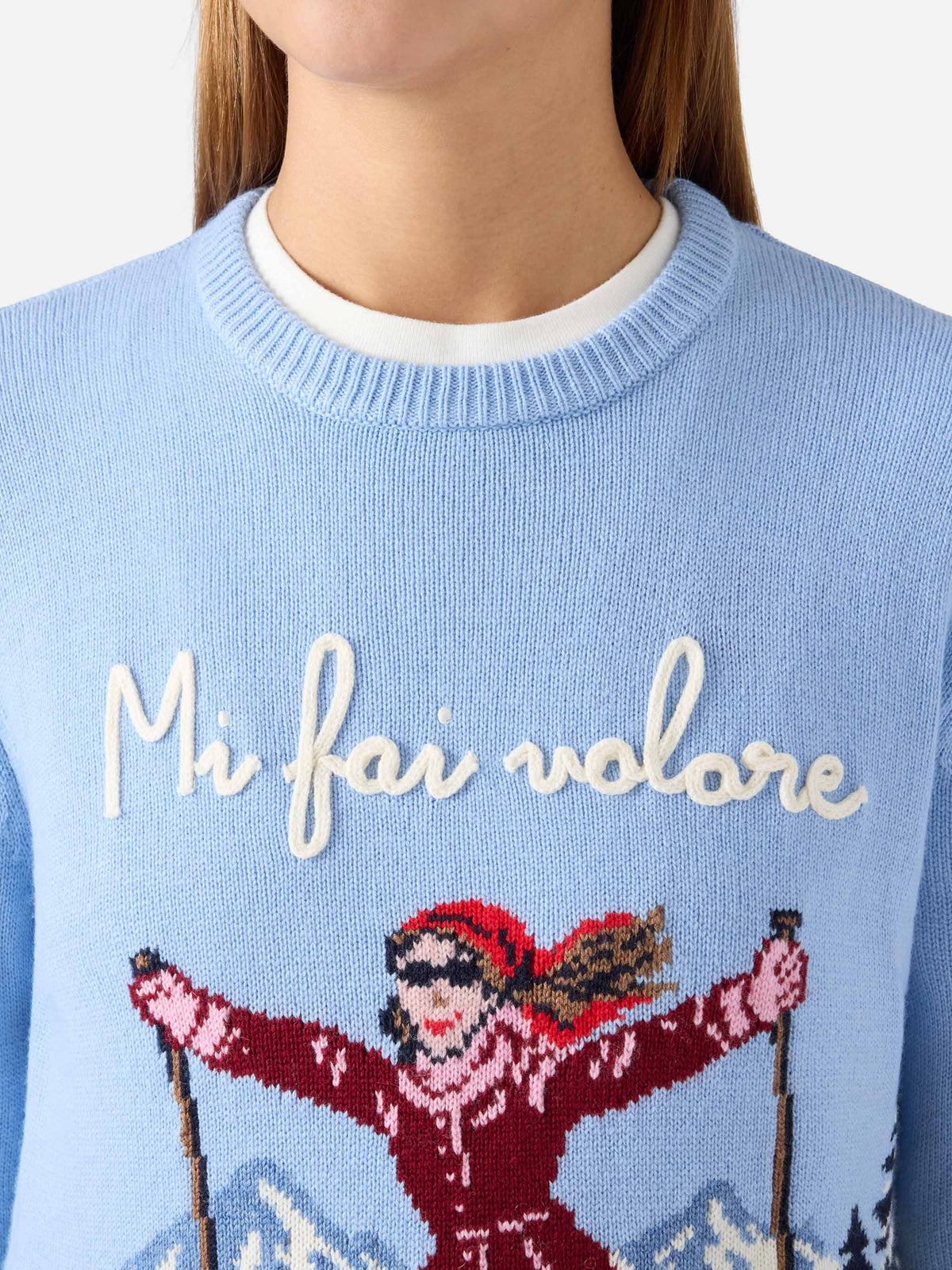 Leichter blue New Queen Rundhals-Strickpullover mit Mi Fai Volare-Stickerei 