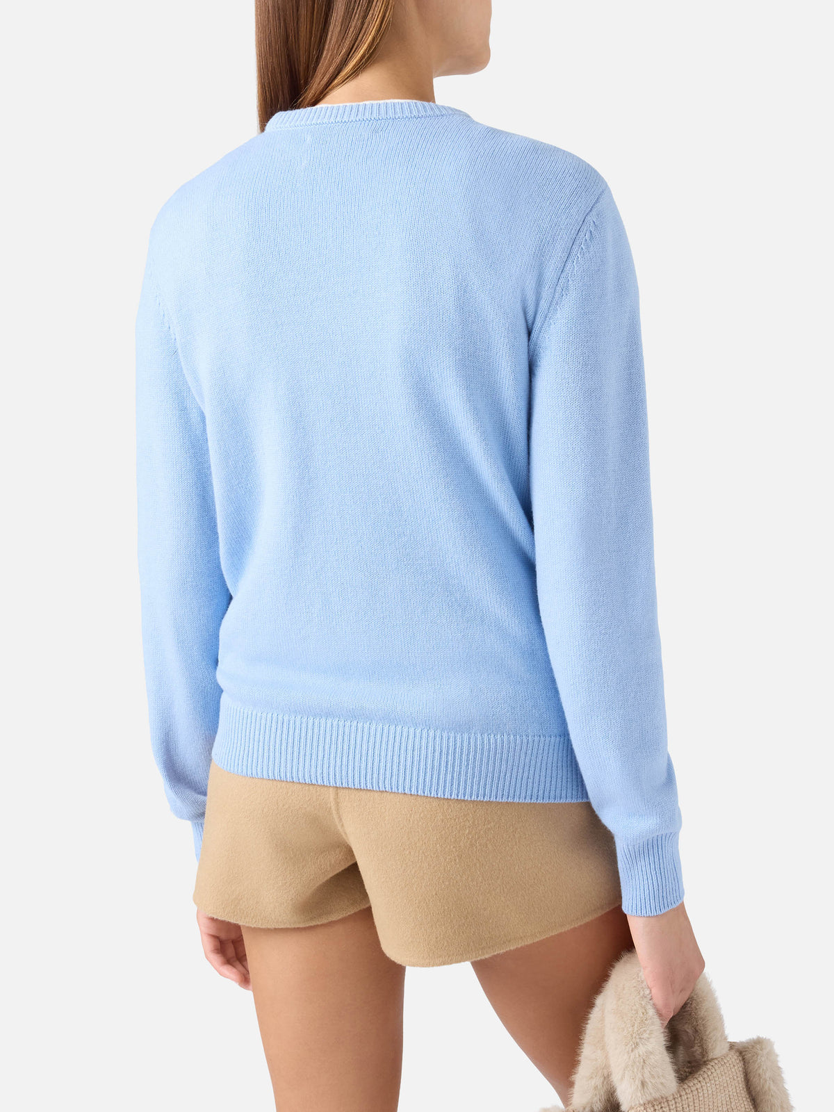Leichter blue New Queen Rundhals-Strickpullover mit Mi Fai Volare-Stickerei 