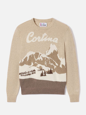Maglia girocollo New Queen beige con intarsio Cortina