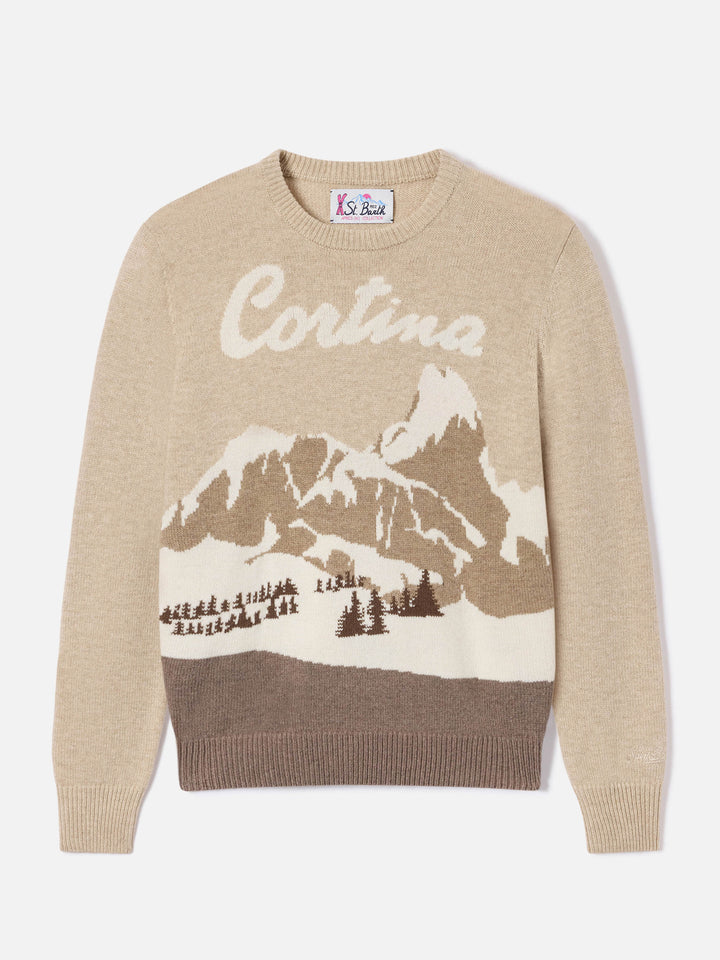 Pull ras-du-cou New Queen beige en maille avec intarsia Cortina 