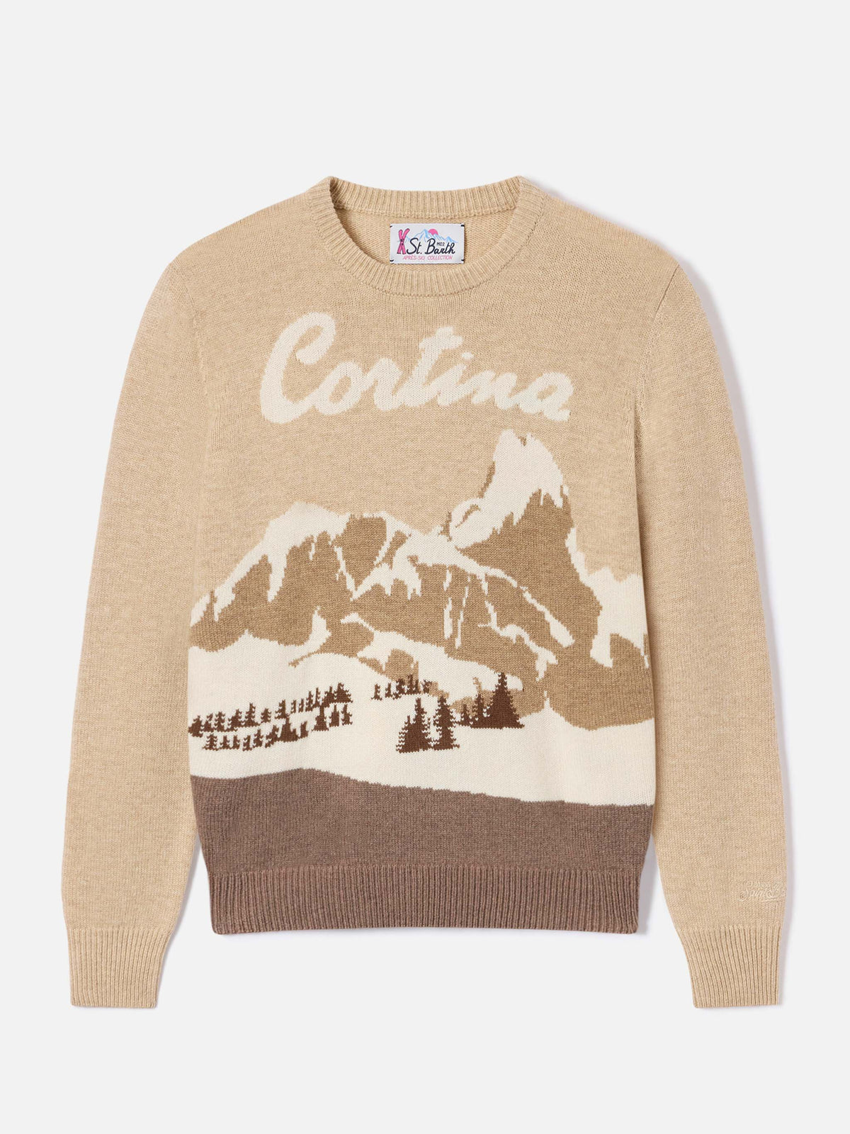 Beige New Queen crewneck knit with Cortina intarsia