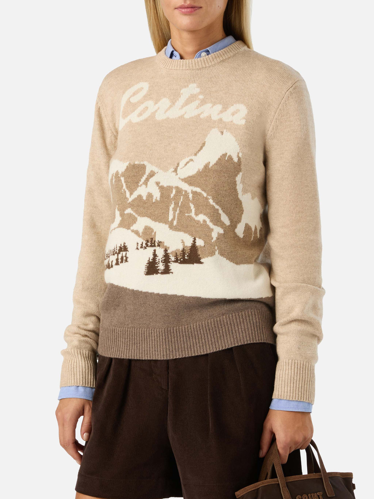 Beige New Queen crewneck knit with Cortina intarsia