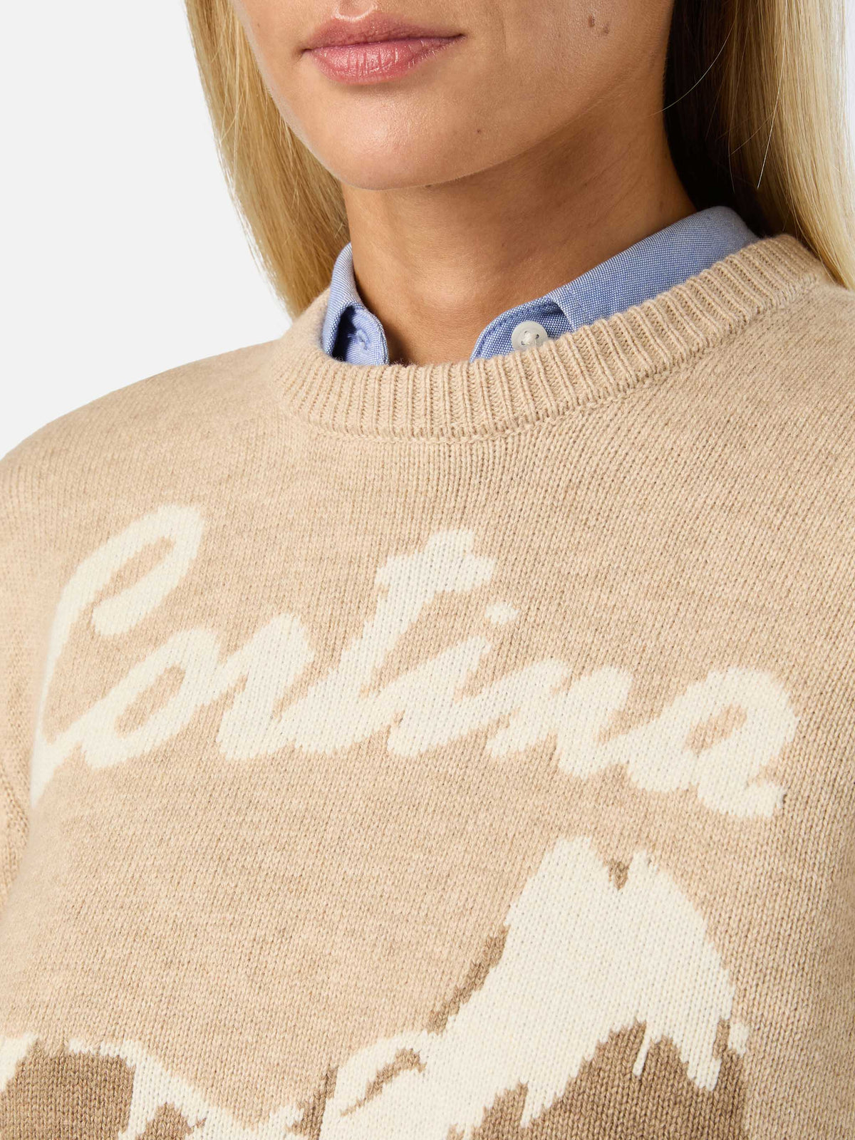 Beige New Queen crewneck knit with Cortina intarsia