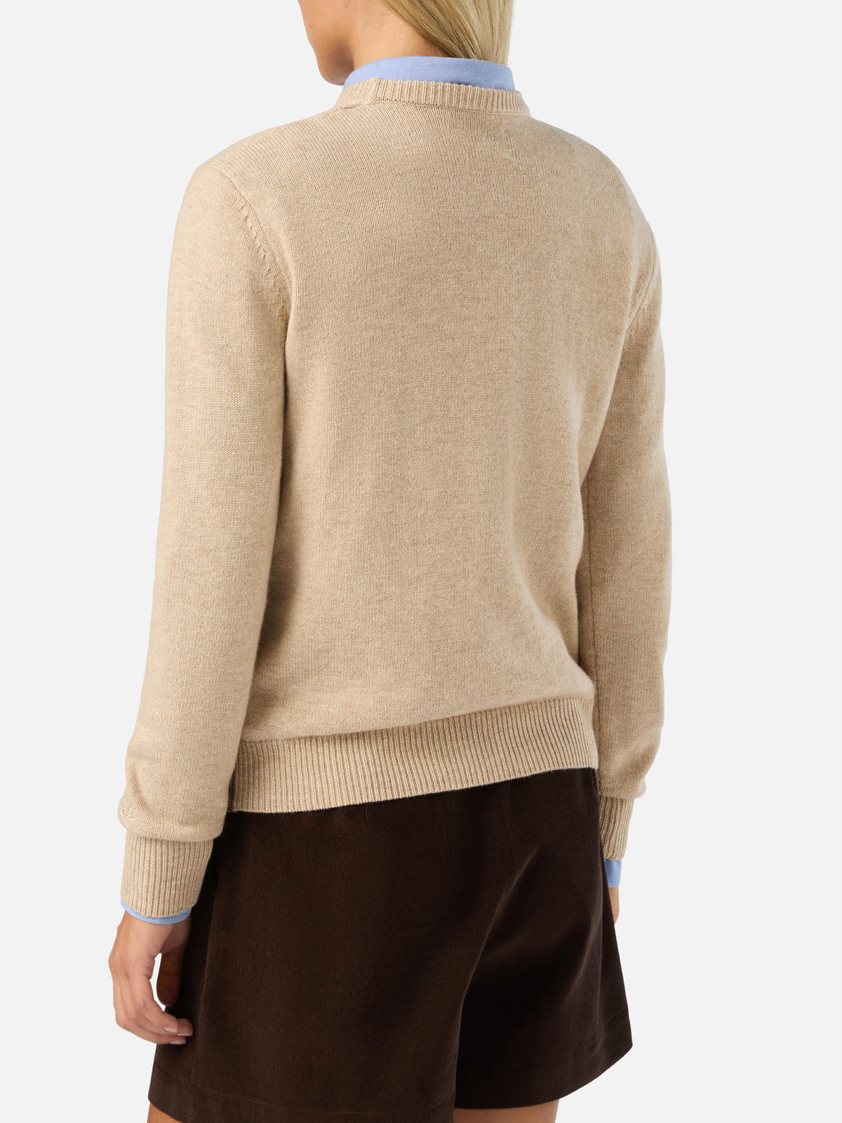 Beige New Queen crewneck knit with Cortina intarsia