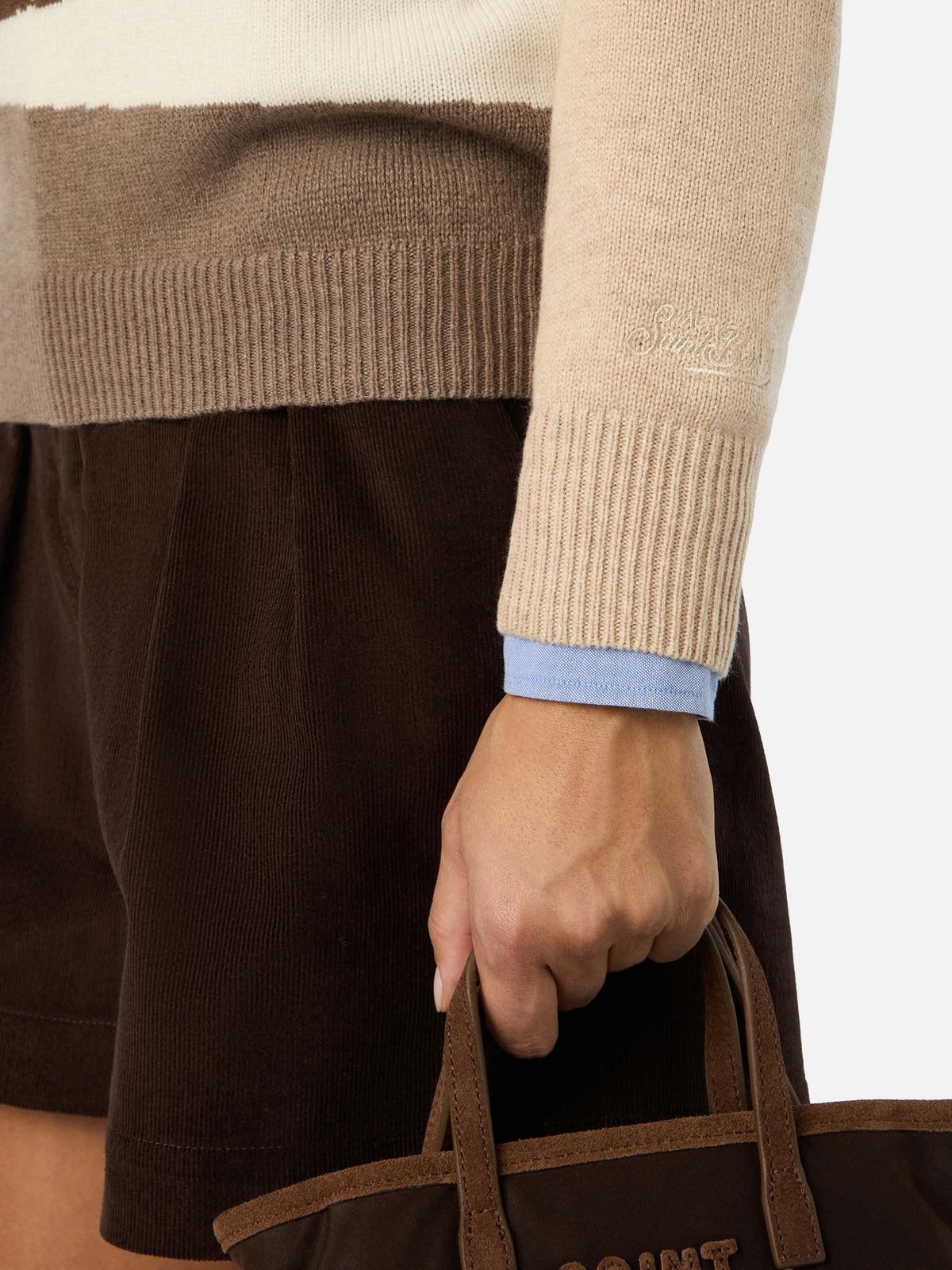 Beige New Queen crewneck knit with Cortina intarsia