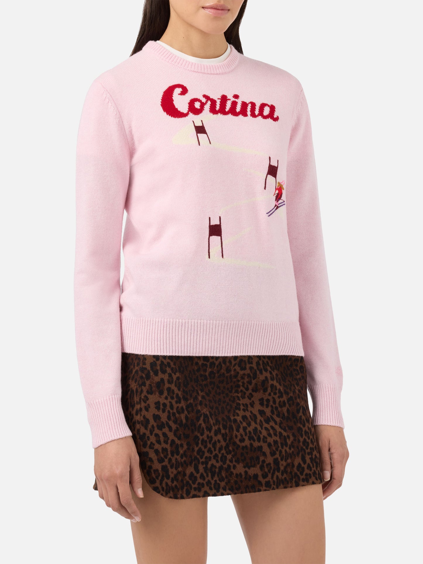 New Queen cashmere-blend sweater in pink with Cortina postcard jacquard