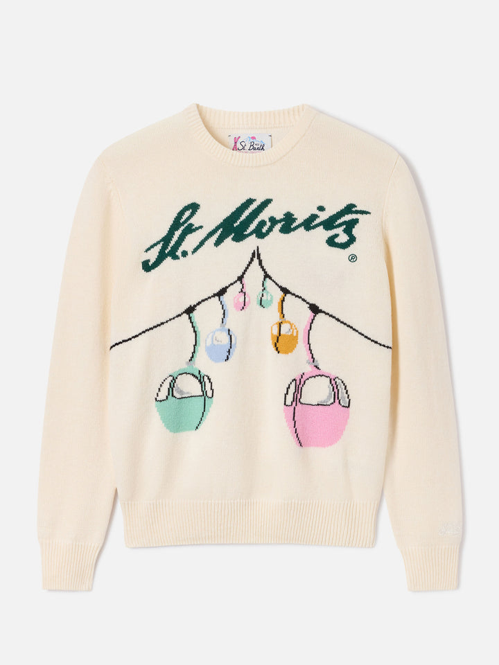 Pull en maille à col rond New Queen blanc cassé avec motif téléphérique en intarsia St. Moritz | Special edition 