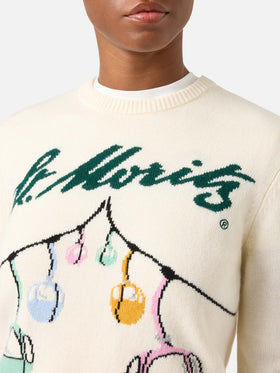 Pull en maille à col rond New Queen blanc cassé avec motif téléphérique en intarsia St. Moritz | Special edition 