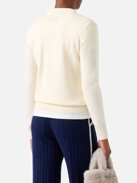 Pull en maille à col rond New Queen blanc cassé avec motif téléphérique en intarsia St. Moritz | Special edition 
