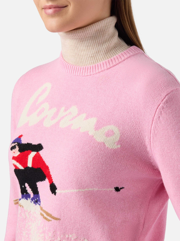 New Queen cashmere-blend sweater in pink with Courma postcard jacquard