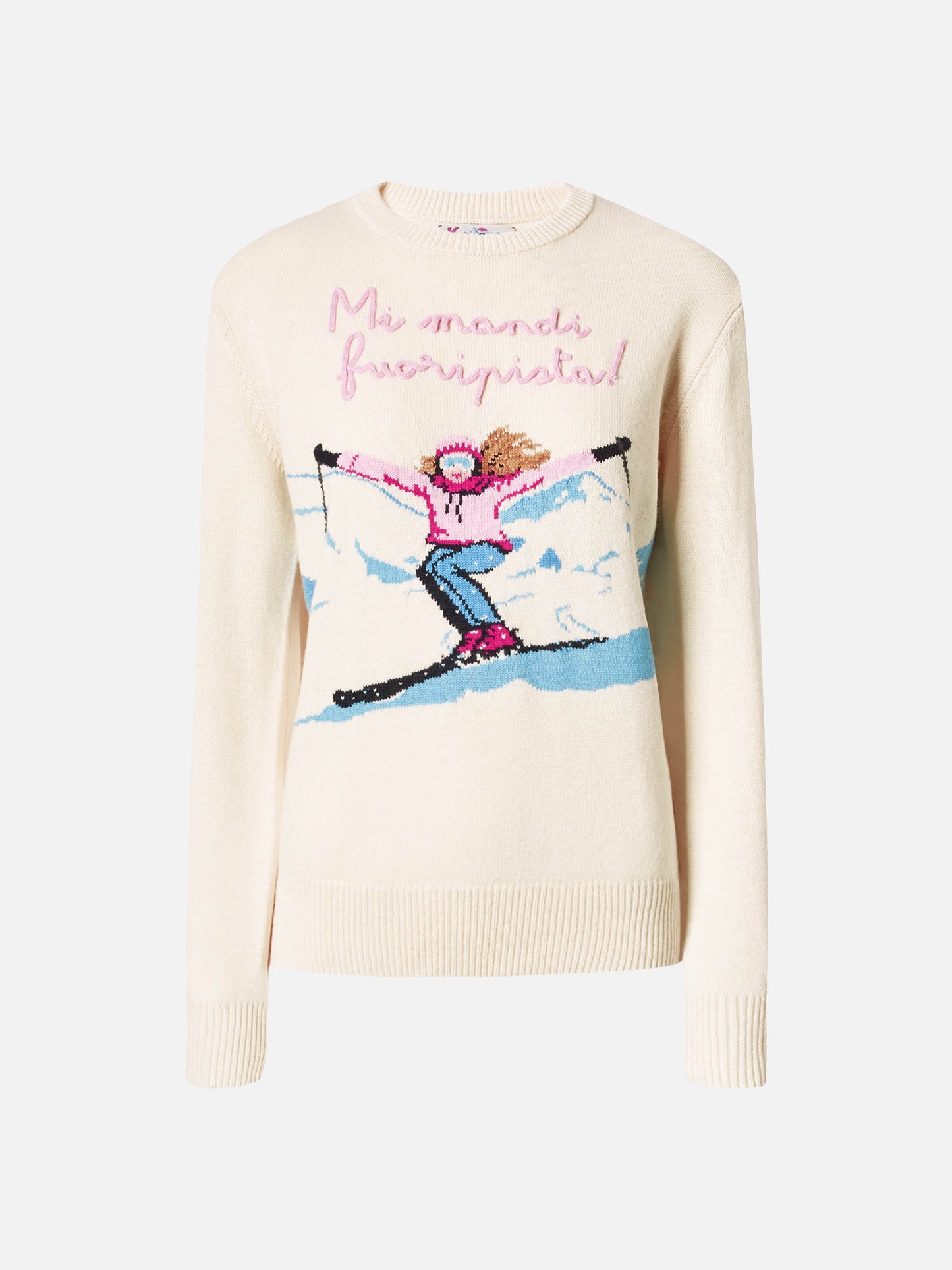 Maglione New Queen in misto cashmere bianco con jacquard cartolina e ricamo