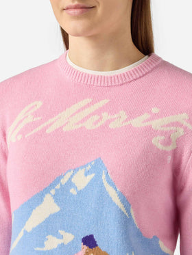 Maglione New Queen in misto cashmere rosa con jacquard cartolina St. Moritz | ST. MORITZ SPECIAL EDITION