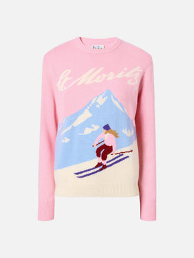Maglione New Queen in misto cashmere rosa con jacquard cartolina St. Moritz | ST. MORITZ SPECIAL EDITION
