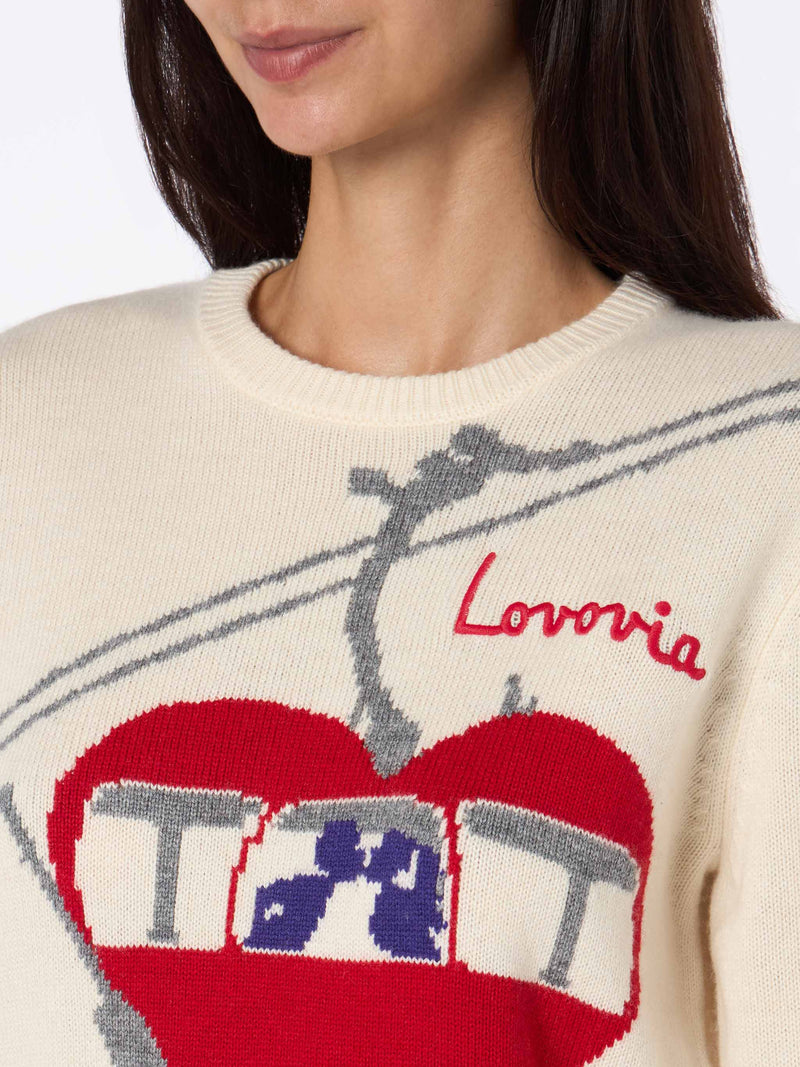 Woman white sweater New Queen with Lovovia postcard print and embroidery