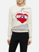 Woman white sweater New Queen with Lovovia postcard print and embroidery