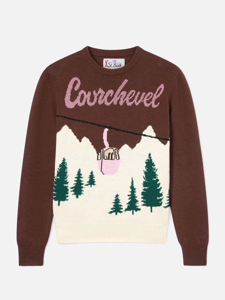 Maglia girocollo New Queen marrone con intarsio Courchevel