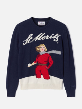 Pull en maille à col rond New Queen bleu marine blue avec intarsia skieur St. Moritz | Special edition 