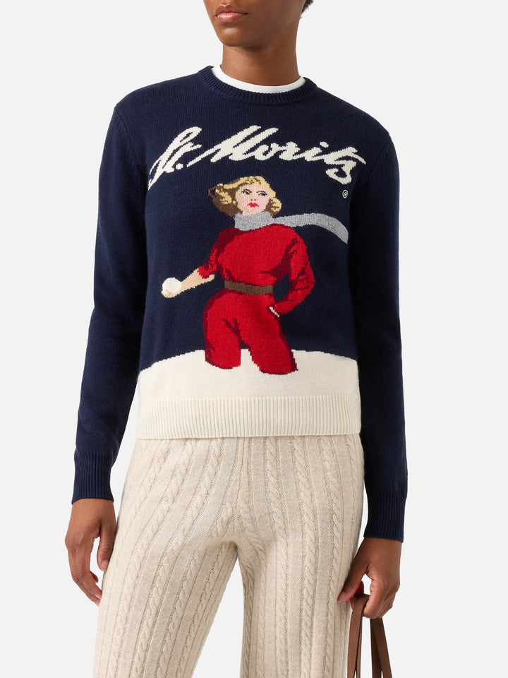 Punto de cuello redondo Navy blue New Queen con intarsia de esquiador St. Moritz | Special edition 