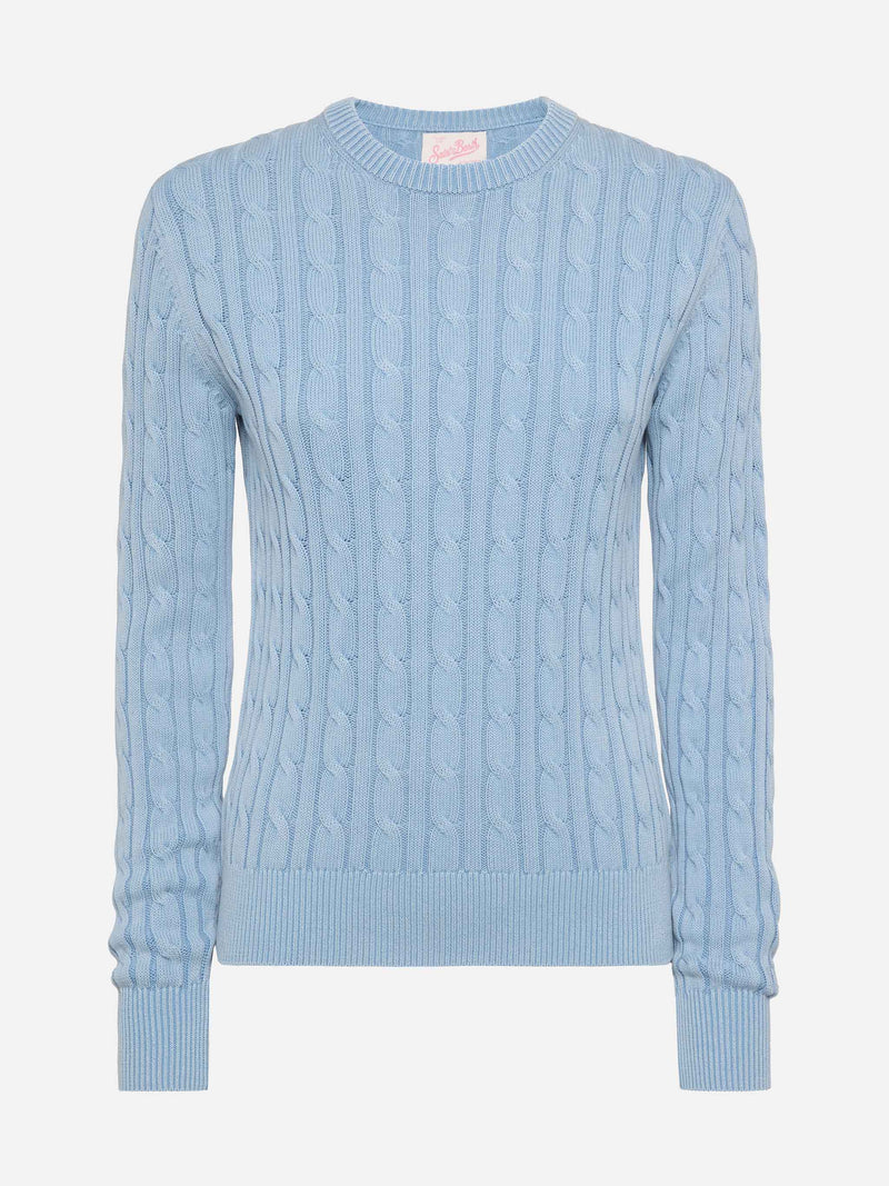 Maglione New Queen in cotone a trecce color azzurro