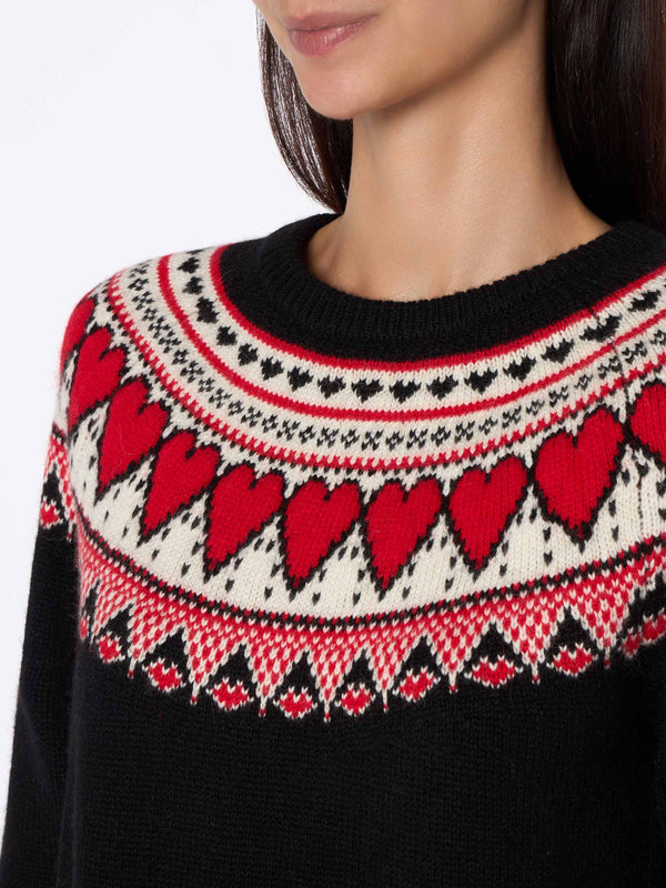 Woman black sweater New Queen with fair isle hearts print