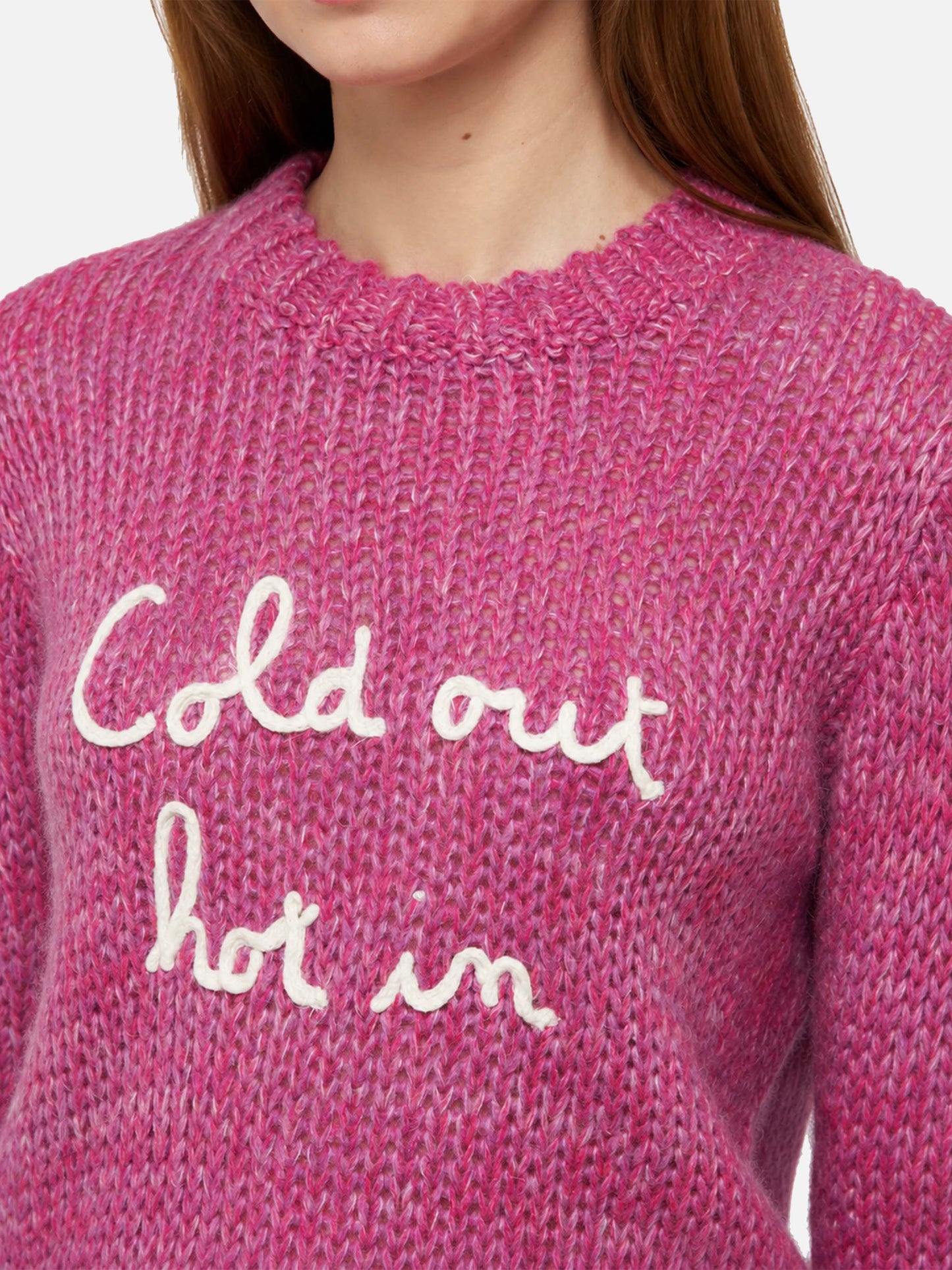 New Queen Weicher Pullover aus lila Alpaka-Mix mit Cold Out Hot In-Stickerei 