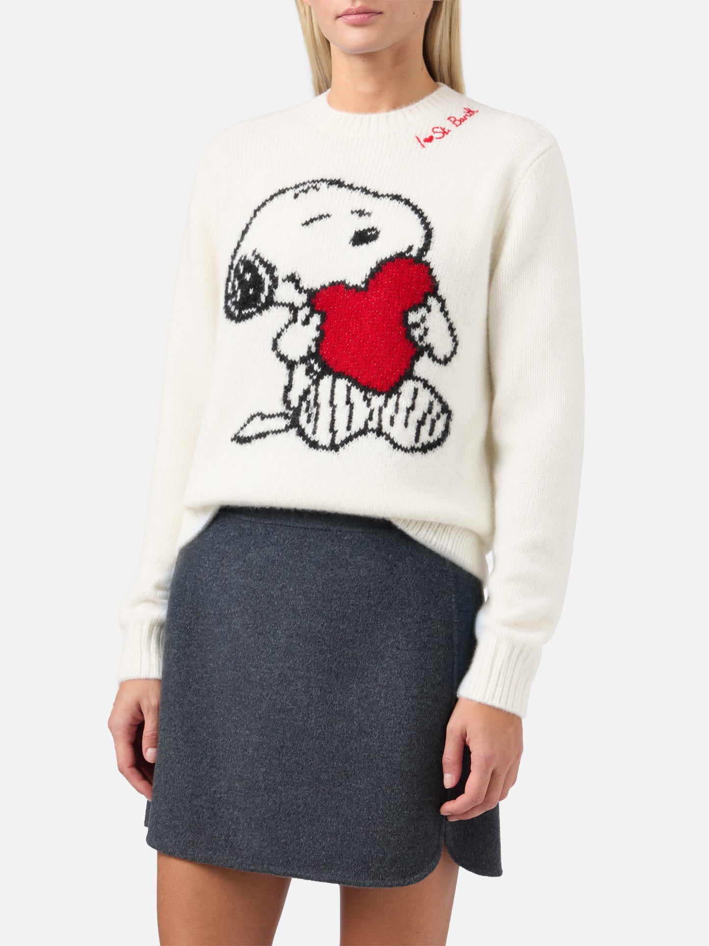 Woman sweater with Snoopy and Woodstock jacquard and rhinestones heart | SNOOPY PEANUTS™ SPECIAL EDITION