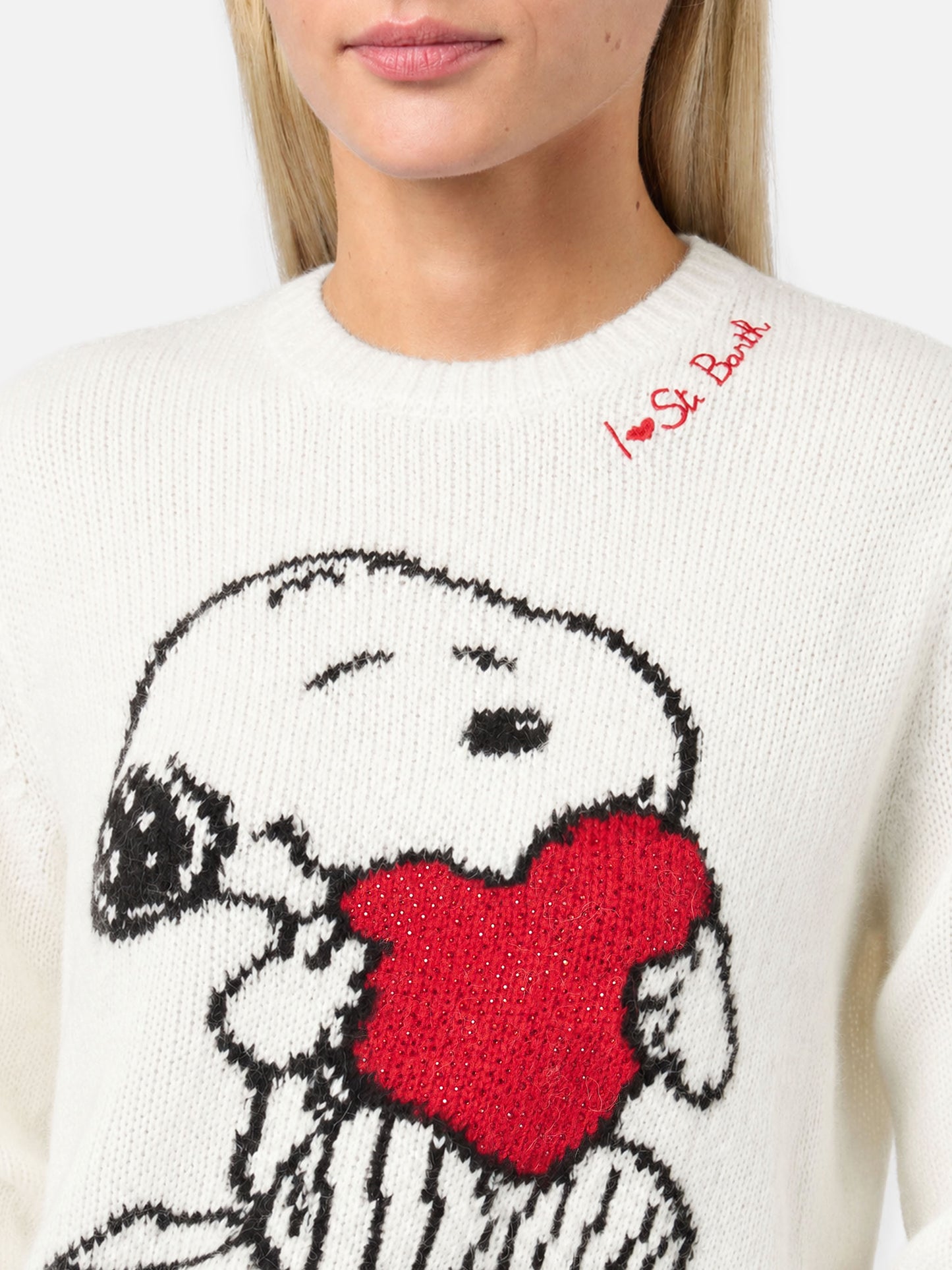 Woman sweater with Snoopy and Woodstock jacquard and rhinestones heart | SNOOPY PEANUTS™ SPECIAL EDITION