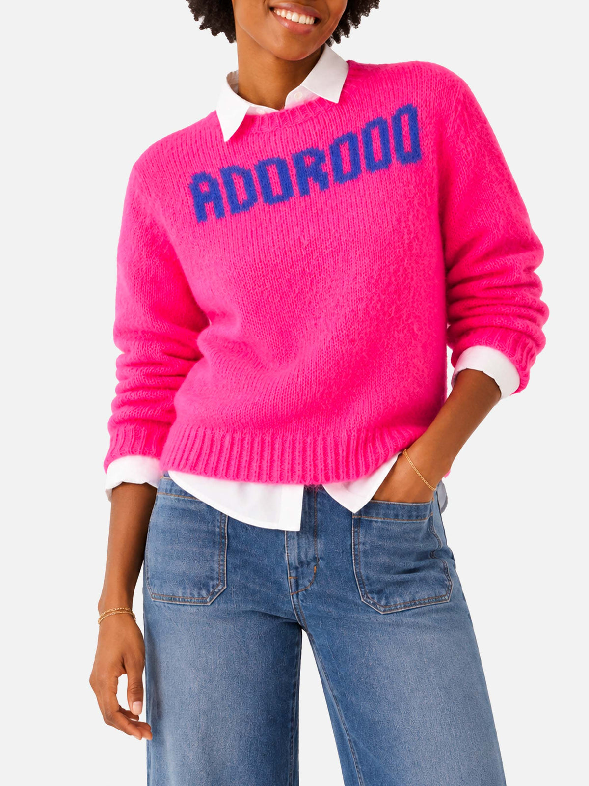 Maglia New Queen Soft brushed con ricamo Adorooo fucsia fluo