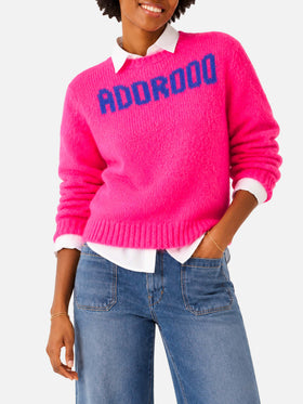 Maglia New Queen Soft brushed con ricamo Adorooo fucsia fluo