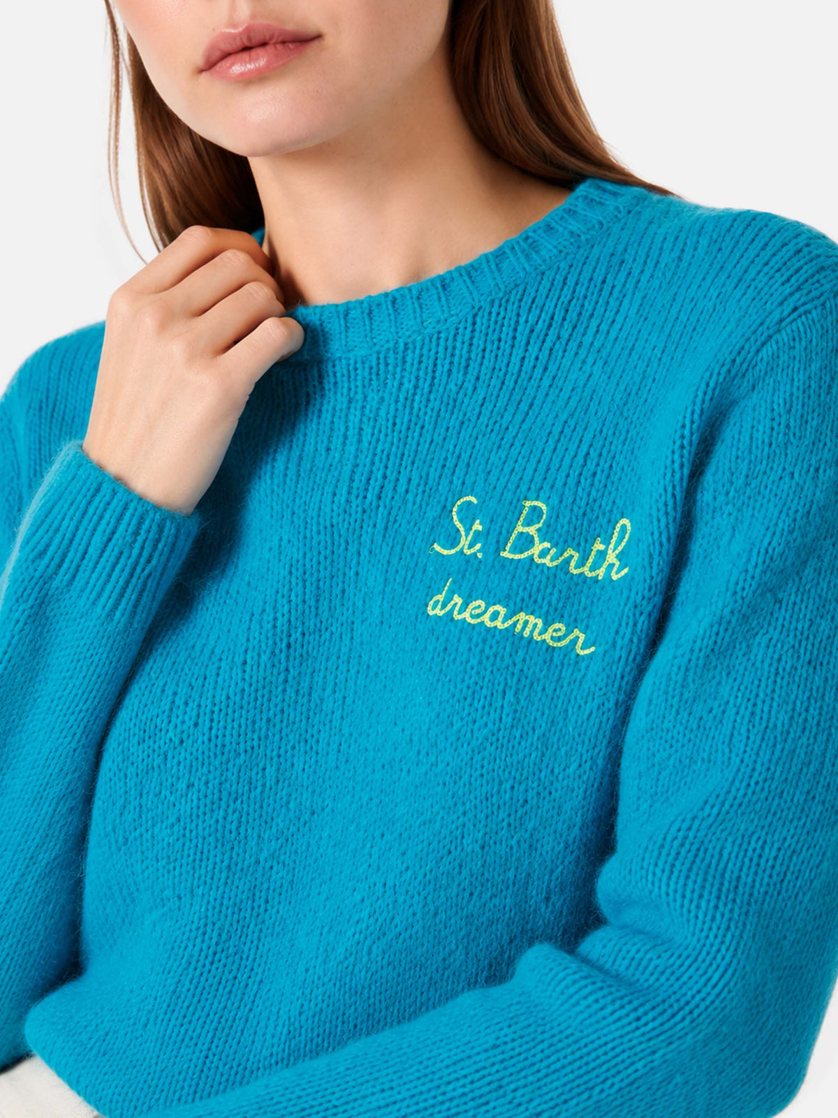New Queen light blue brushed sweater with Dreamer embroidery
