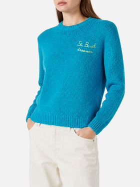 New Queen light blue brushed sweater with Dreamer embroidery