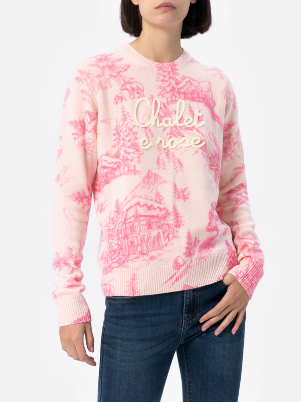 Maglione rosa da donna New Queen con stampa toile de jouy e ricamo Chalet e Rosè