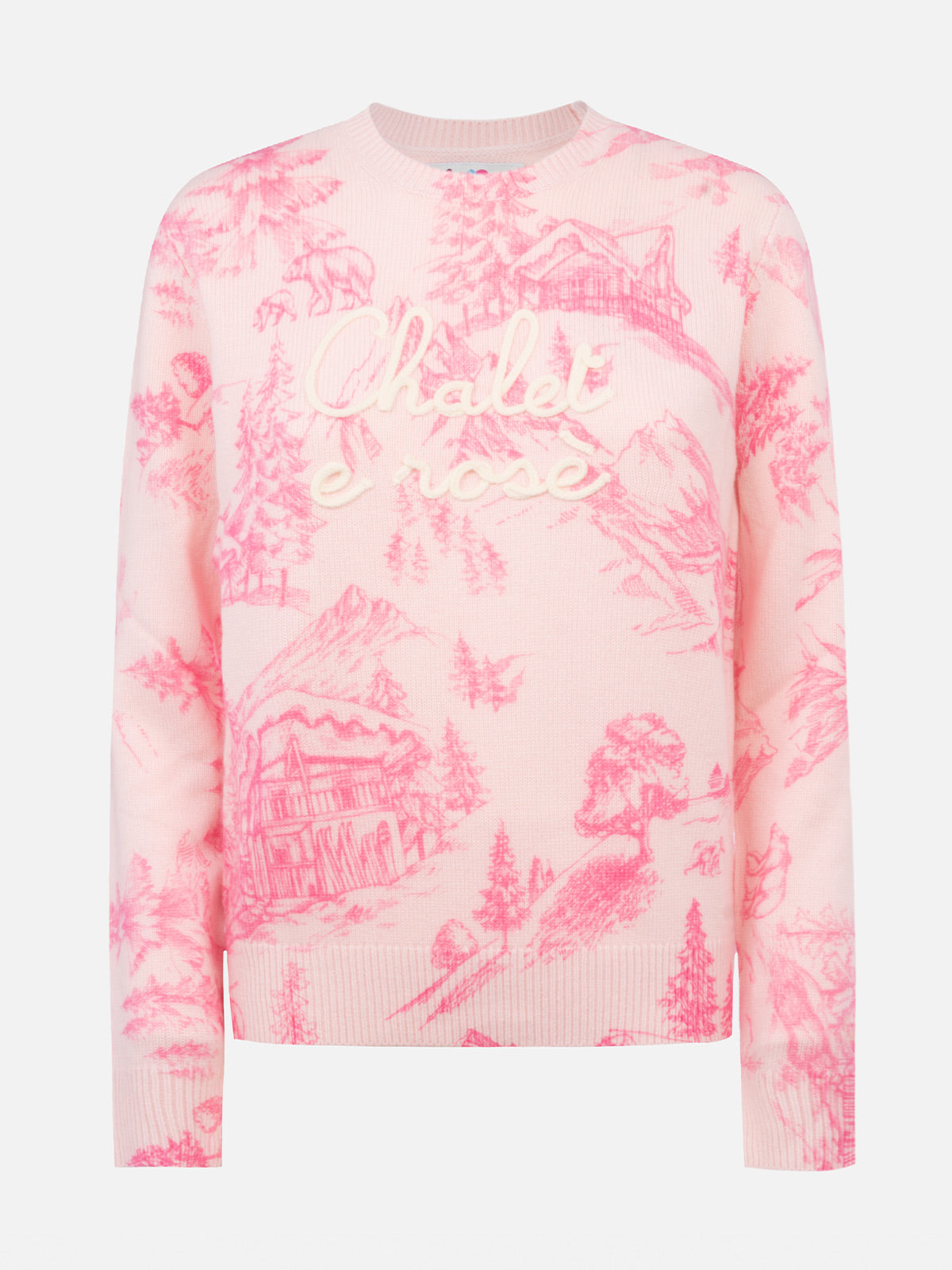 Rosa Damenpullover New Queen mit Toile de Jouy-Druck und Chalet e Rosè-Stickerei