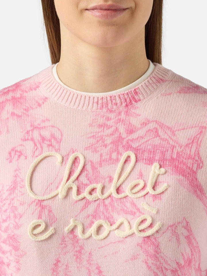 Rosa Damenpullover New Queen mit Toile de Jouy-Druck und Chalet e Rosè-Stickerei