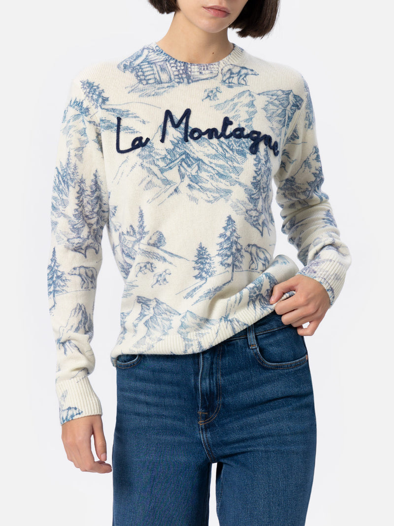 Weißer Damenpullover New Queen mit Toile de Jouy-Druck und La Montagne-Stickerei