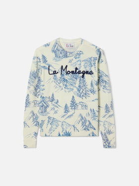 Maglione bianco da donna New Queen con stampa toile de jouy e ricamo La Montagne