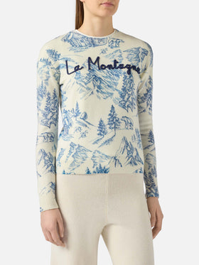 Maglione bianco da donna New Queen con stampa toile de jouy e ricamo La Montagne