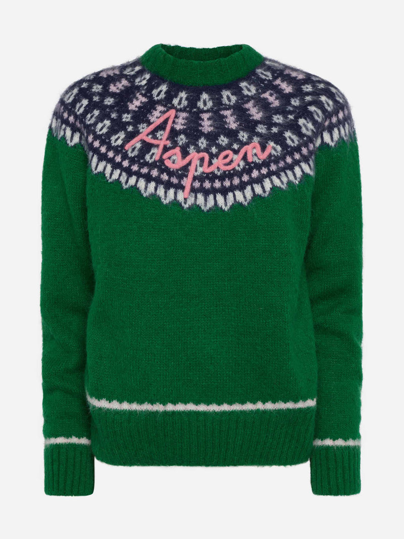 Green sweater Queen Nordic Soft with fair isle jacquard and Aspen embroidery