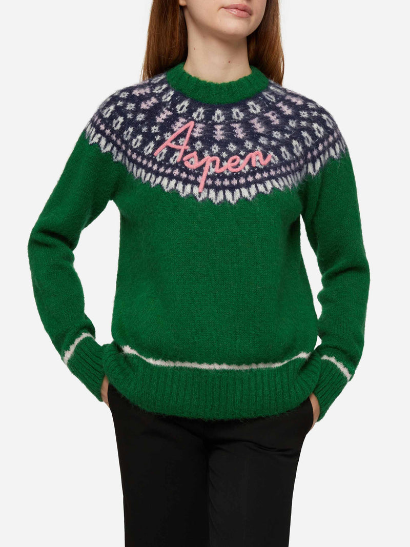 Green sweater Queen Nordic Soft with fair isle jacquard and Aspen embroidery