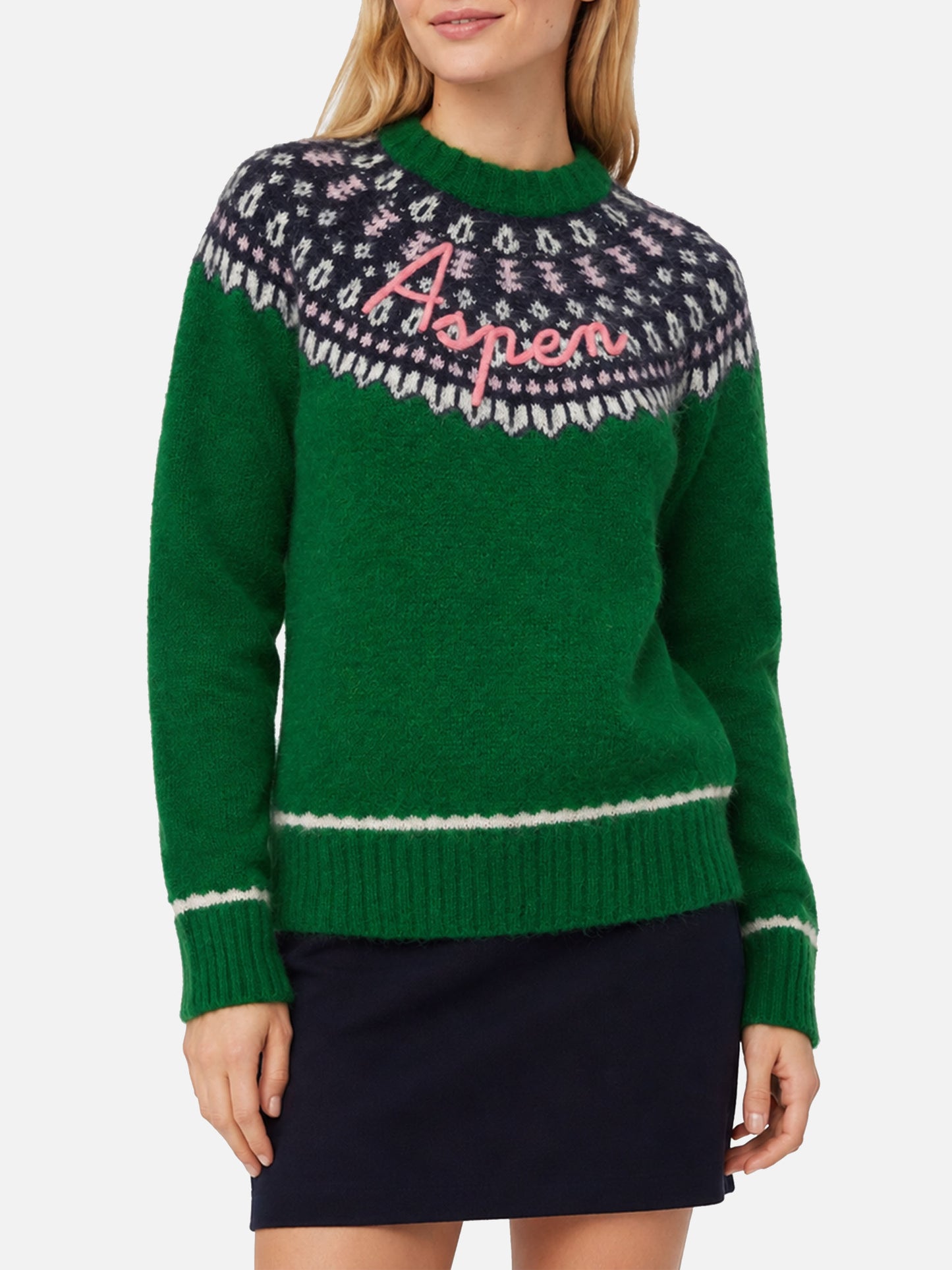Grüner Pullover Queen Nordic Soft mit Fair-Isle-Jacquard und Aspen-Stickerei 