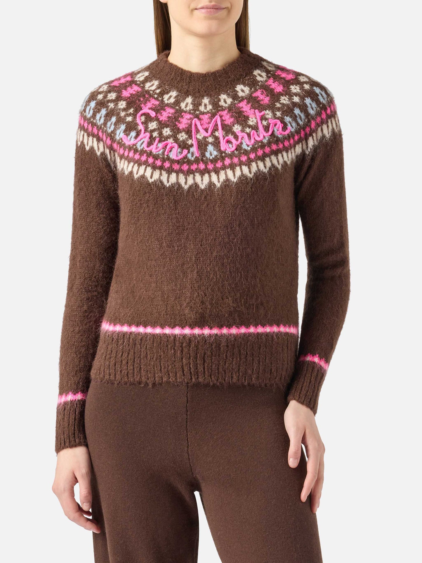 Maglione marrone Queen Nordic Soft con jacquard fair isle e ricamo Sun Moritz