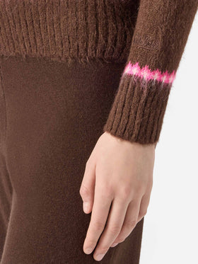 Maglione marrone Queen Nordic Soft con jacquard fair isle e ricamo Sun Moritz