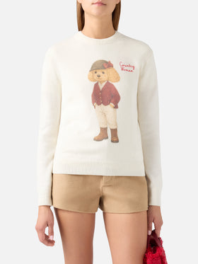 Pull en maille à col rond New Queen blanc cassé avec imprimé Country Woman 