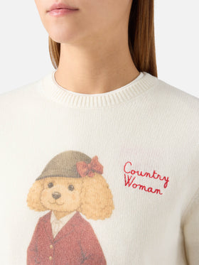 Pull en maille à col rond New Queen blanc cassé avec imprimé Country Woman 