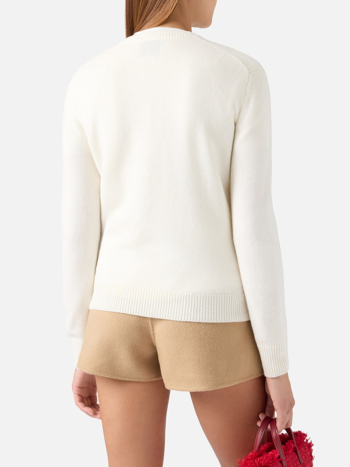 Pull en maille à col rond New Queen blanc cassé avec imprimé Country Woman 