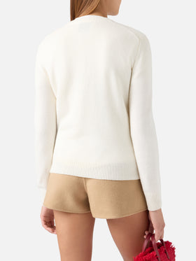 Pull en maille à col rond New Queen blanc cassé avec imprimé Country Woman 