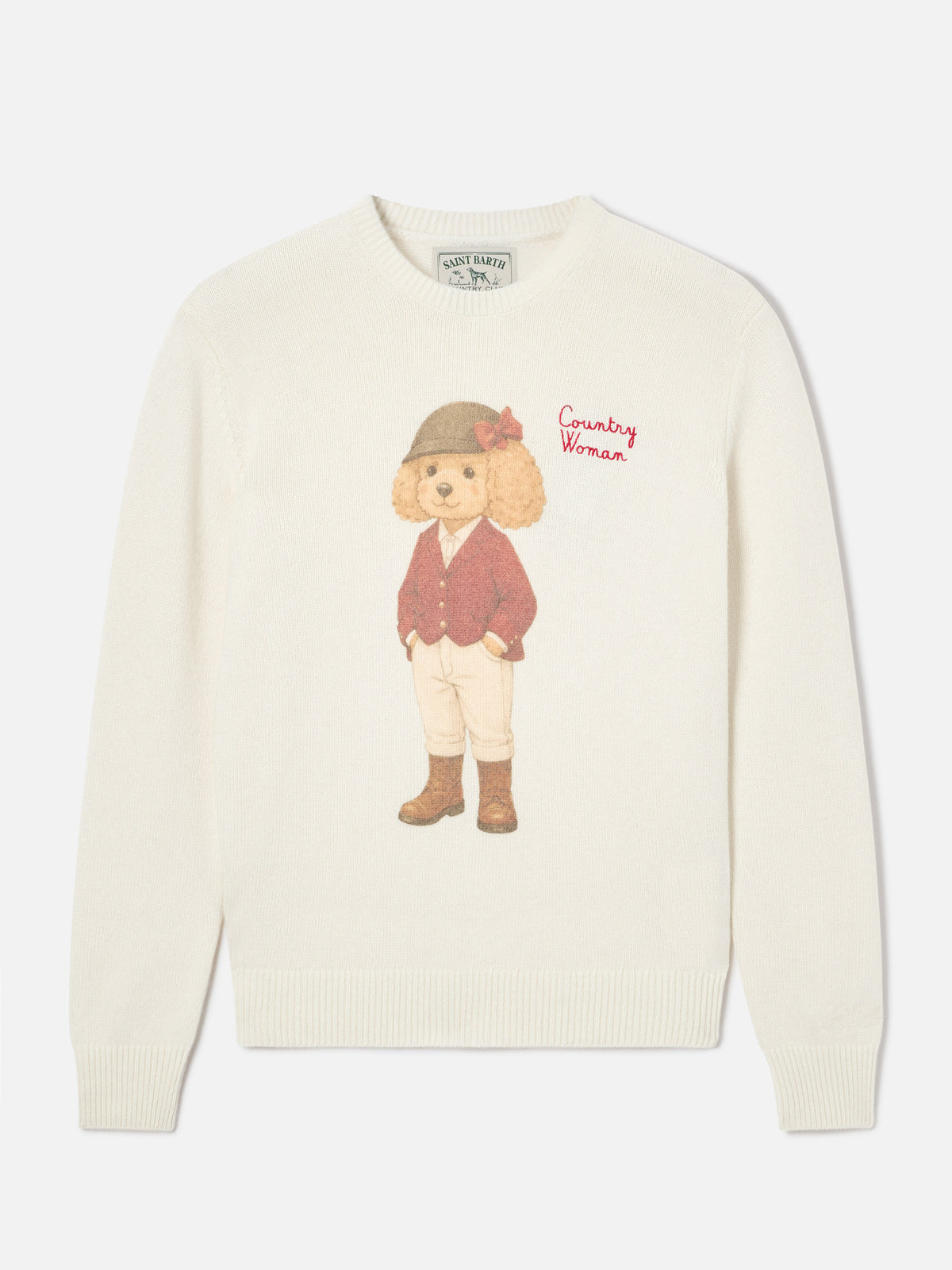 Pull en maille à col rond New Queen blanc cassé avec imprimé Country Woman 