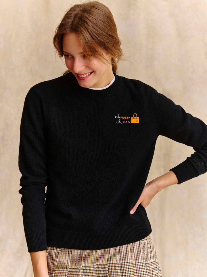 Pull noir New Queen à col rond en mélange de laine et de cachemire avec broderie O La Borsa O La Vita 